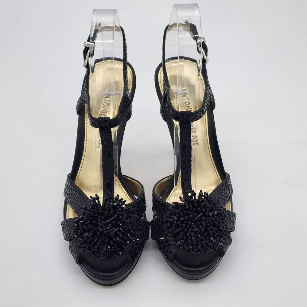Antonio Melani Alleara Black Ankle Strap Heels Beaded Embossed Size 6 - Picture 3 of 12